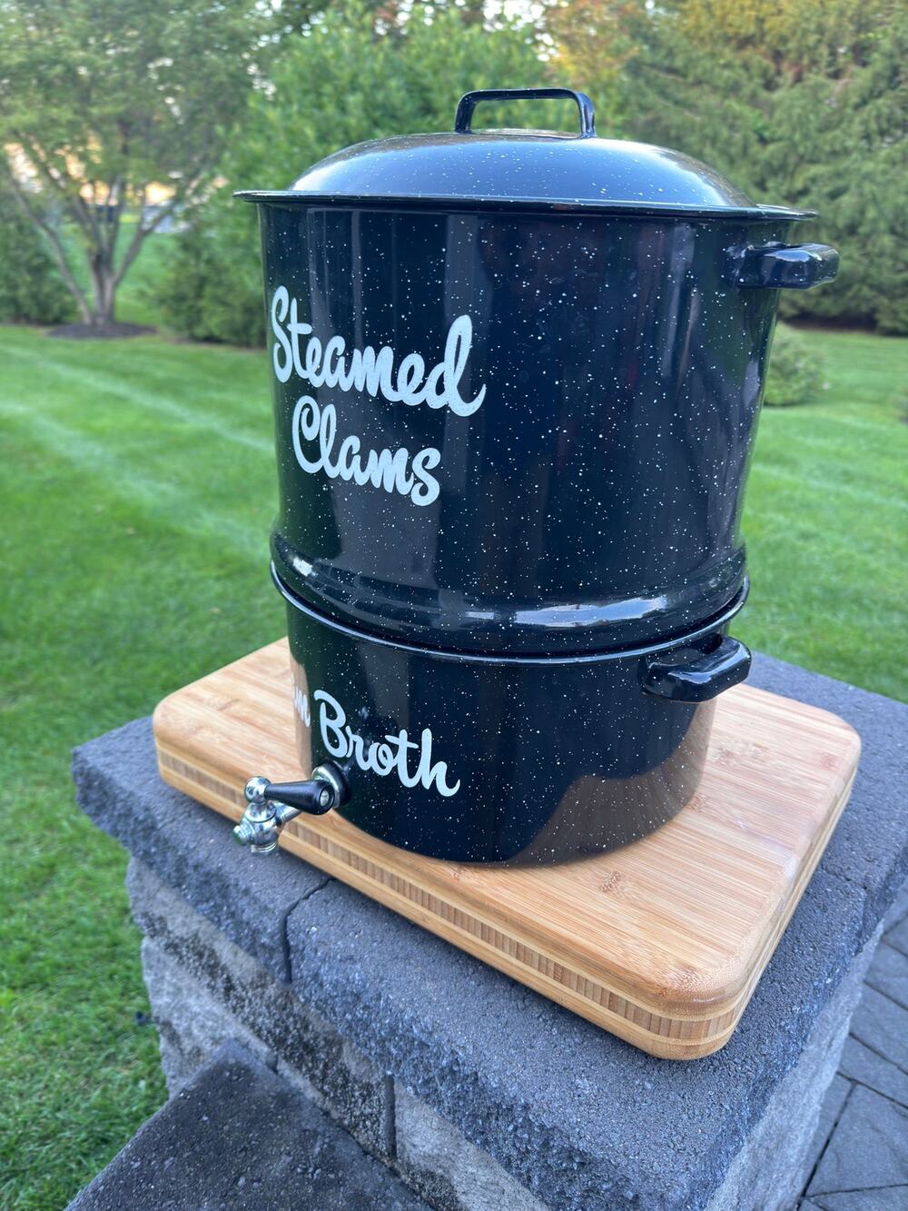 Speckled Enamel Black Double Steam Pot 16” Lobster Clam Broth Spigot - 3 Pc Set